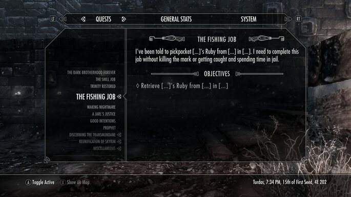The Elder Scrolls V: Skyrim quest menu with is black with transparency